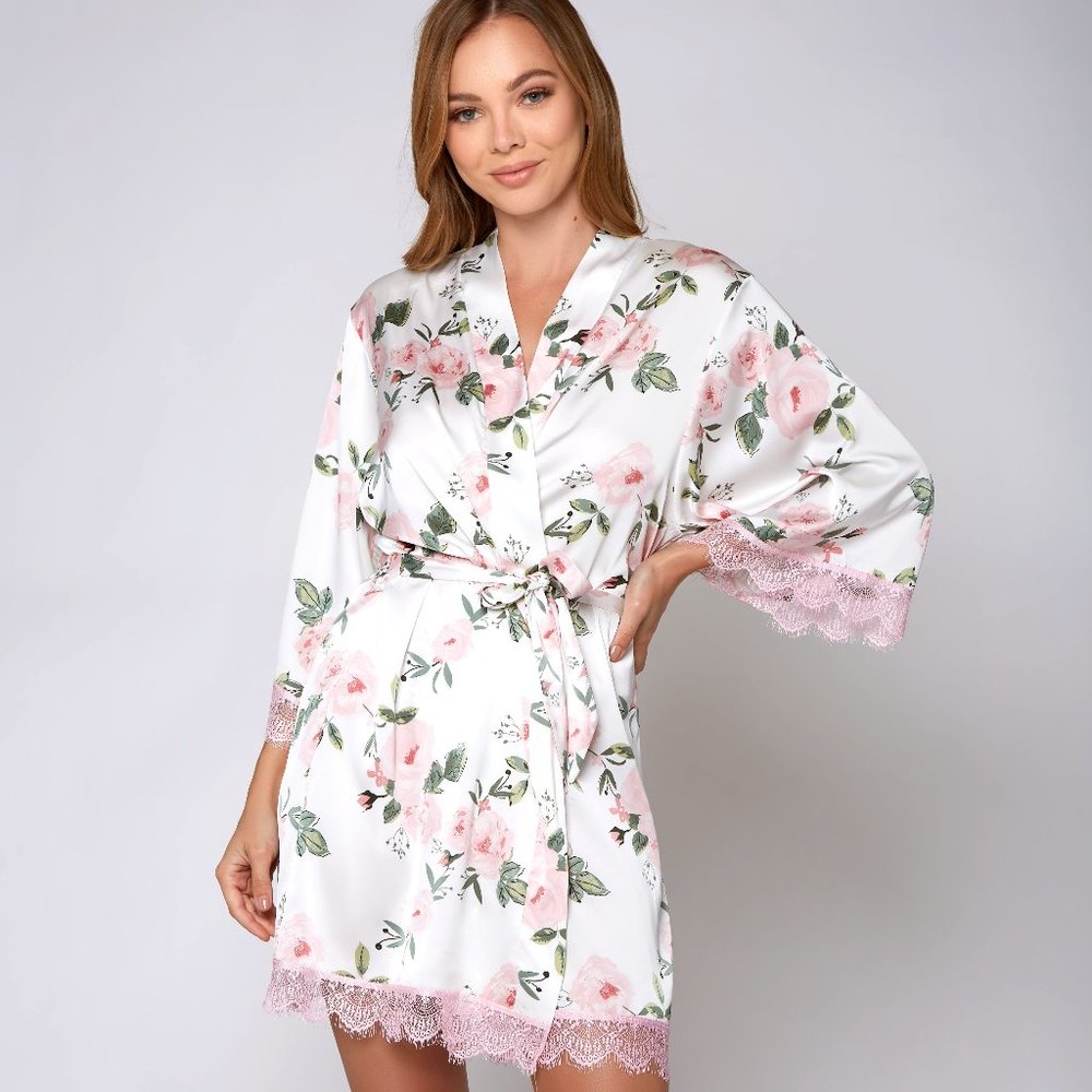 Pink Flower Print Satin Robe
